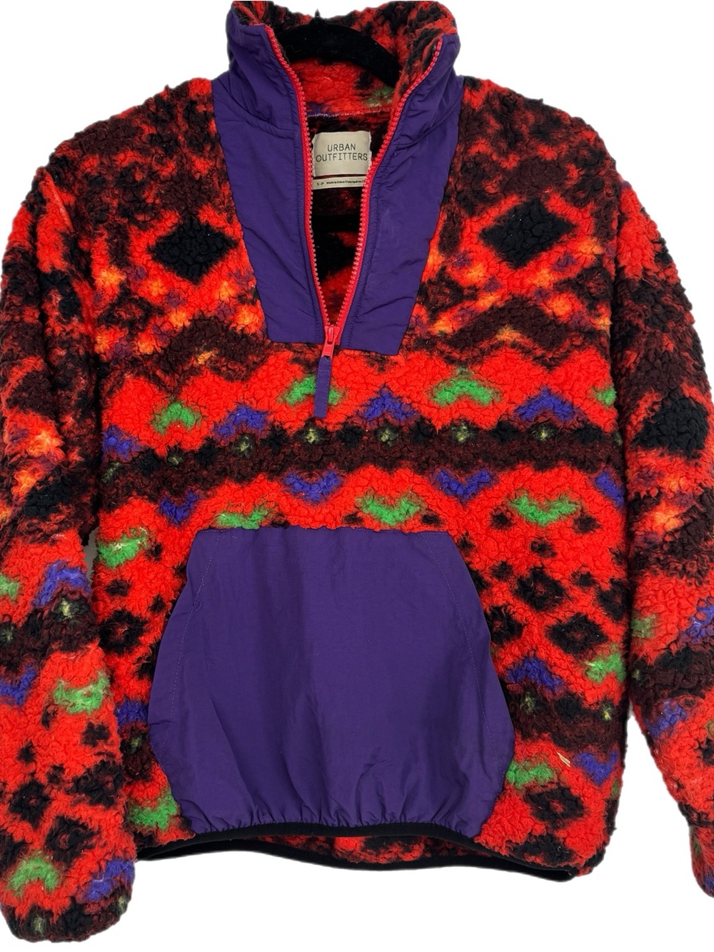 Urban Outfitters Aztec Red, Purple & Green Patterned Sherpa Pullover Half-Zip